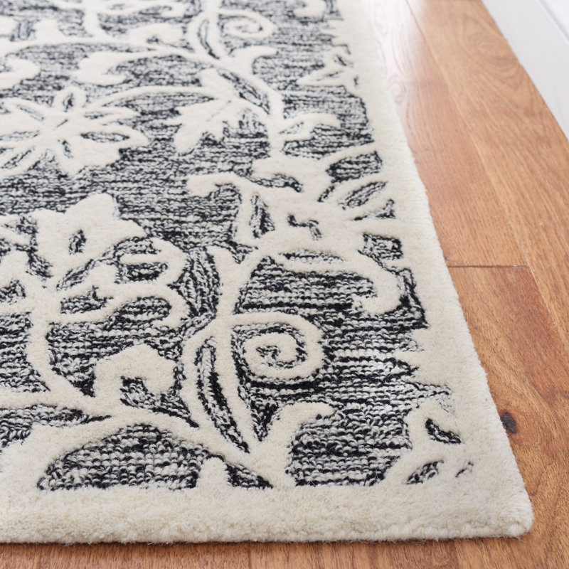 Black and Ivory Floral Hand-Tufted Wool Area Rug