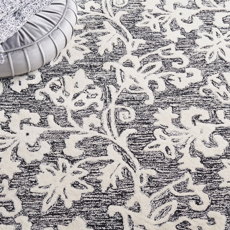 Black and Ivory Floral Hand-Tufted Wool Area Rug