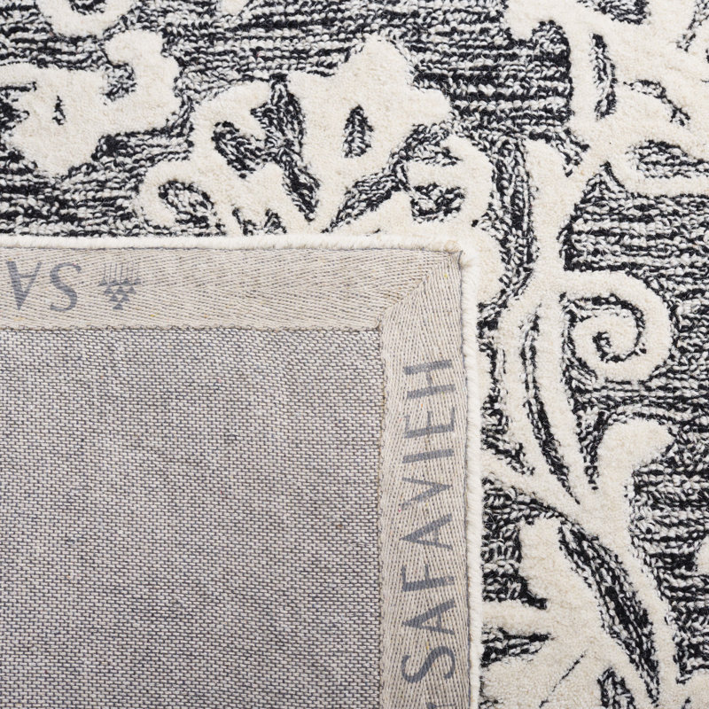 Black and Ivory Floral Hand-Tufted Wool Area Rug