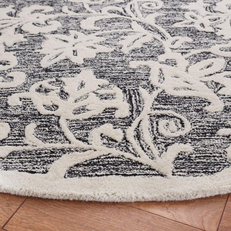 Black and Ivory Floral Hand-Tufted Wool Area Rug