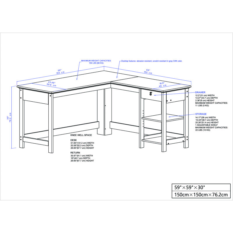 Finley White and Gray Oak L-Shaped Writing Desk with Drawer