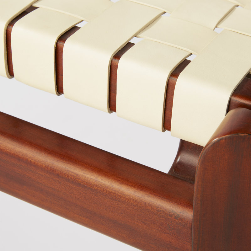 Dilan Sophisticated White Genuine Leather Bench with Mahogany Frame