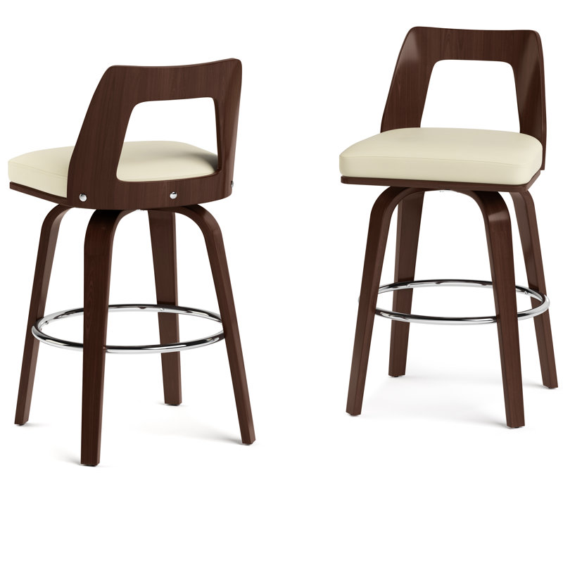 Cream Faux Leather and Walnut Wood Counter Stools, Set of 2