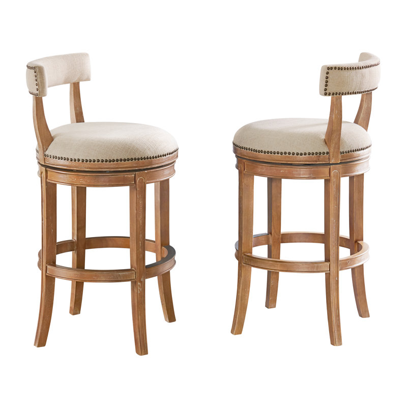 Weathered Brown and Beige Swivel Bar Stools with Nailhead Trim