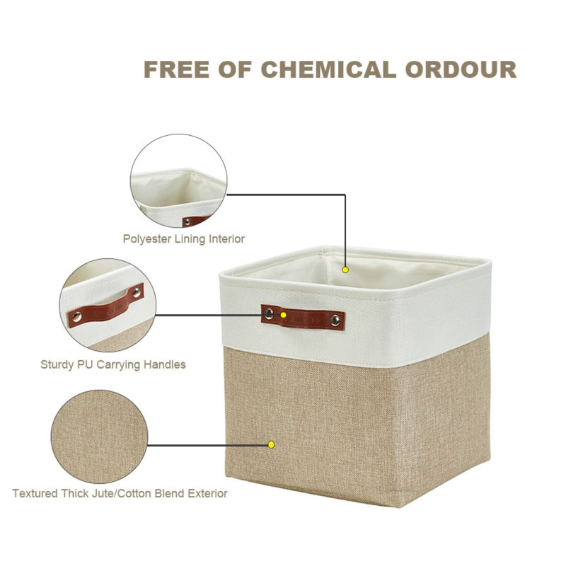 Beige and White Rectangular Fabric Storage Bins with Handles