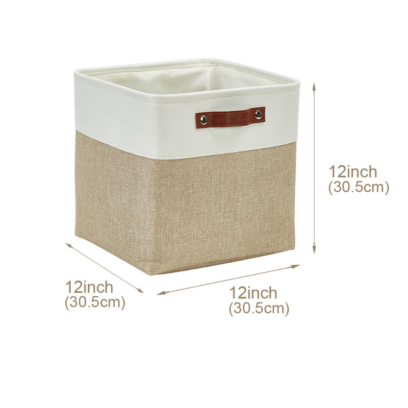 Beige and White Rectangular Fabric Storage Bins with Handles