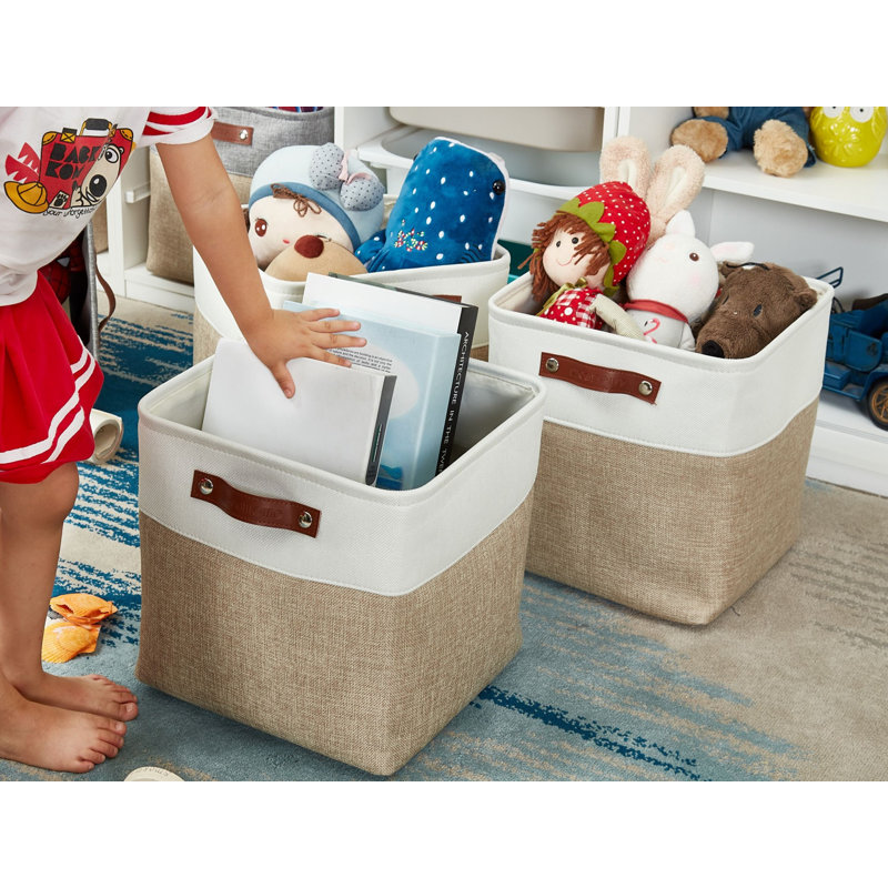 Beige and White Rectangular Fabric Storage Bins with Handles