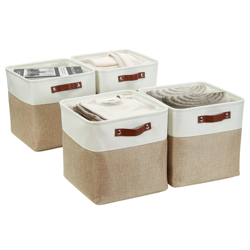 Beige and White Rectangular Fabric Storage Bins with Handles