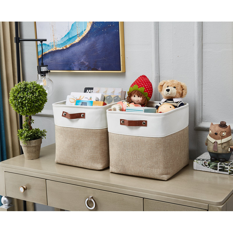 Beige and White Rectangular Fabric Storage Bins with Handles