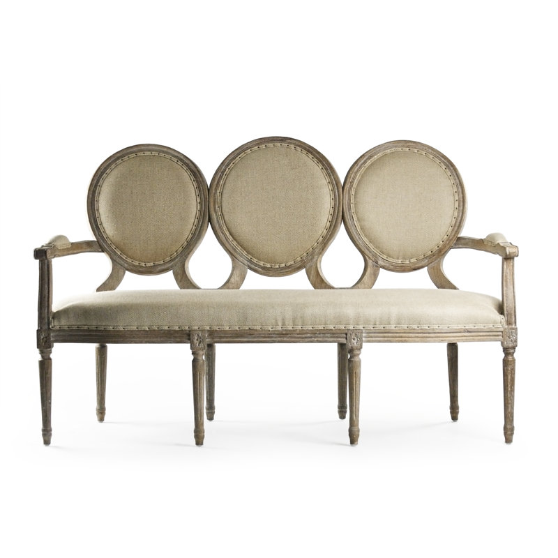 Hemp Linen Limed Gray Oak Settee with Nailhead Trim