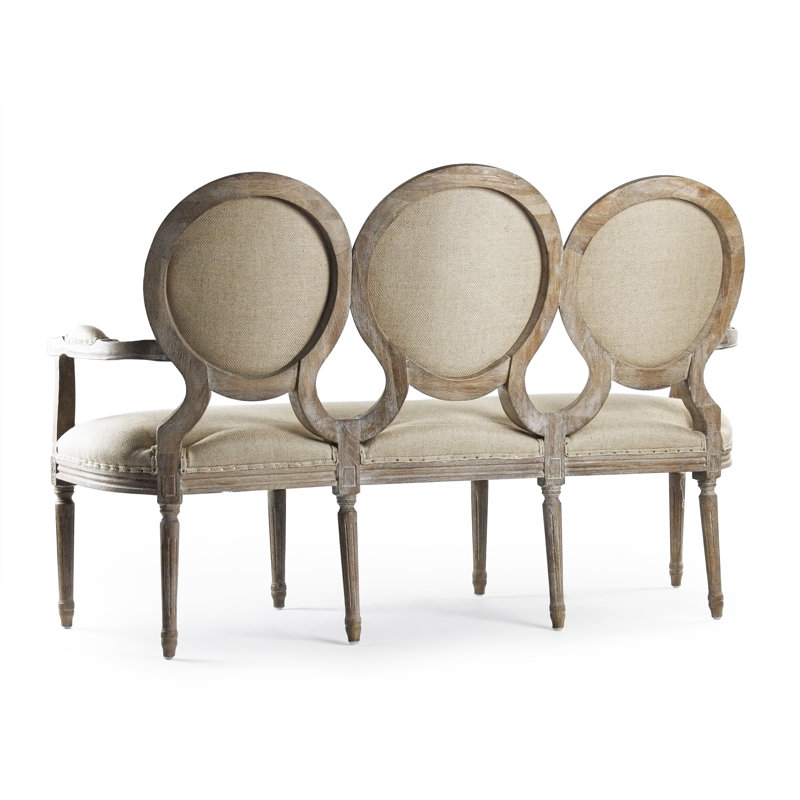 Hemp Linen Limed Gray Oak Settee with Nailhead Trim