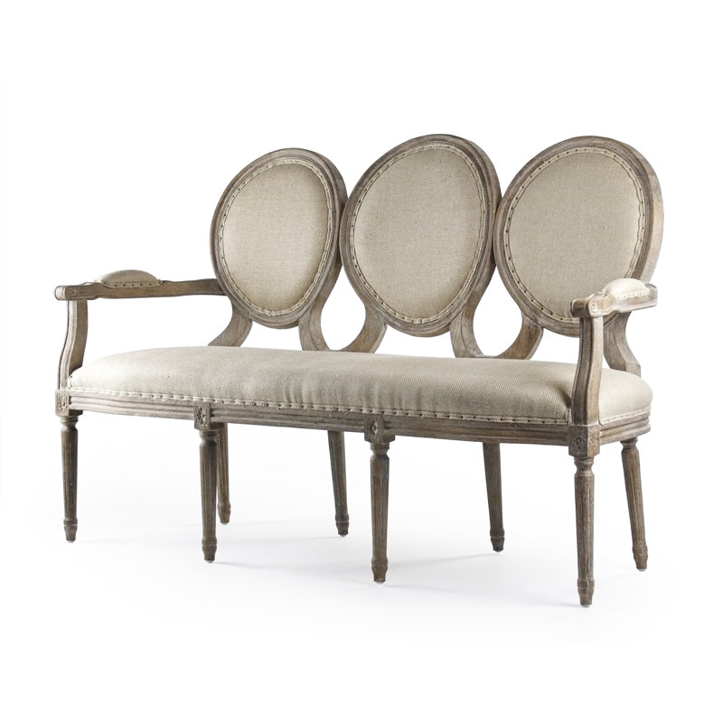 Hemp Linen Limed Gray Oak Settee with Nailhead Trim