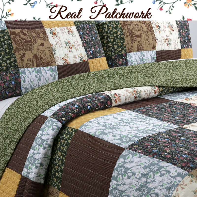 Queen Brown Cotton Reversible Patchwork Quilt Set
