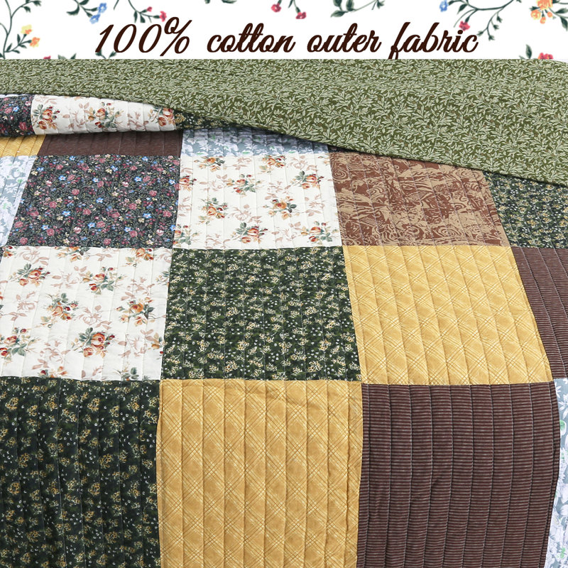 Queen Brown Cotton Reversible Patchwork Quilt Set