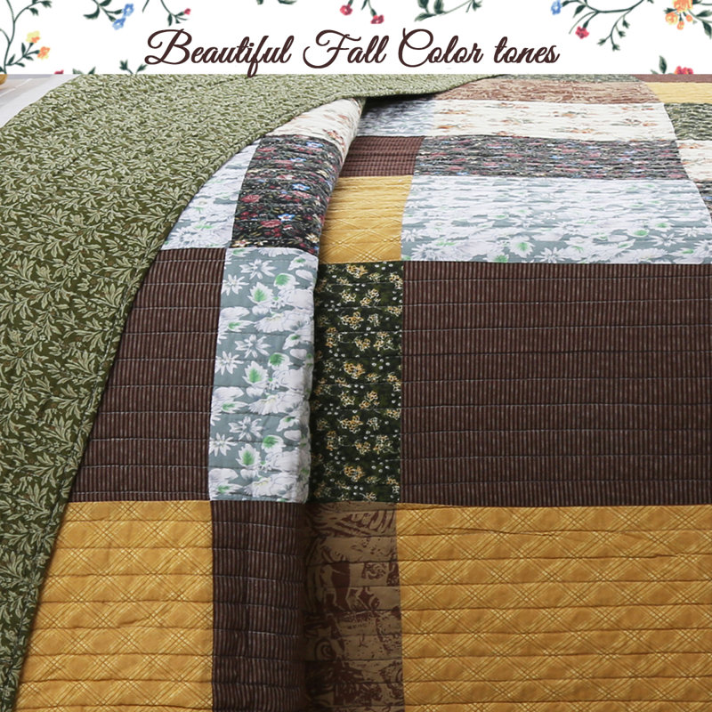 Queen Brown Cotton Reversible Patchwork Quilt Set