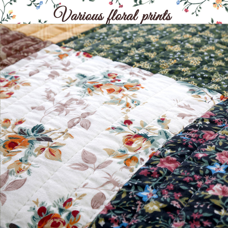 Queen Brown Cotton Reversible Patchwork Quilt Set