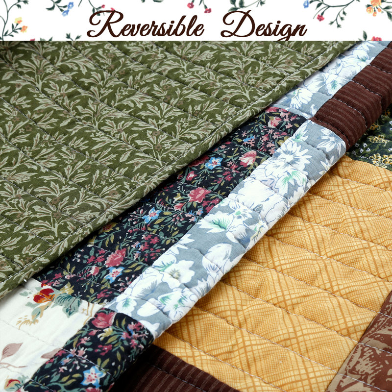 Queen Brown Cotton Reversible Patchwork Quilt Set