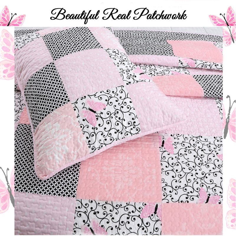 Pink and Black Cotton Twin Reversible Quilt Set