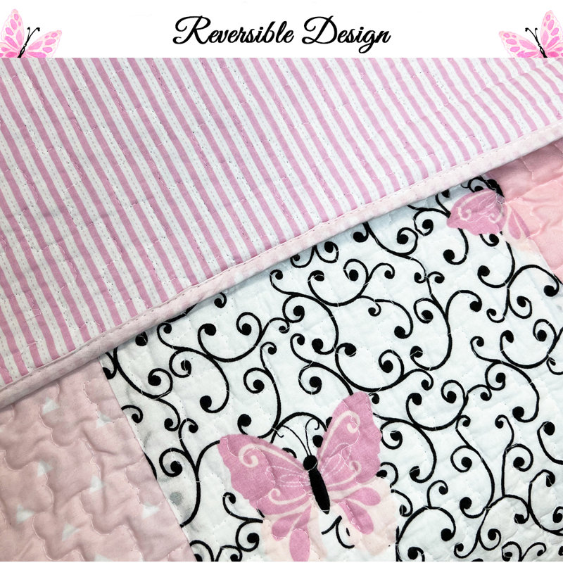 Pink and Black Cotton Twin Reversible Quilt Set