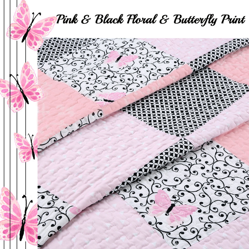 Pink and Black Cotton Twin Reversible Quilt Set