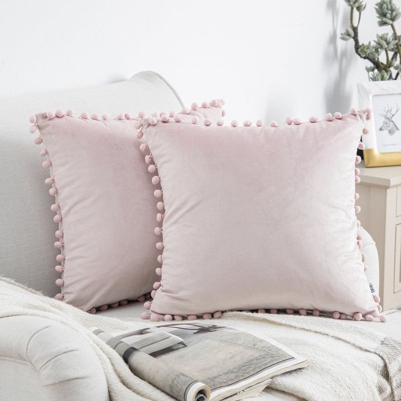 Light Pink Velvet Pom Pom Throw Pillow Set
