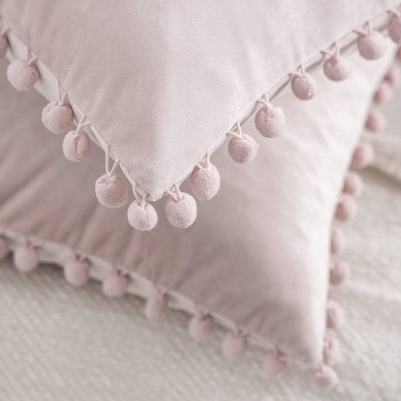 Light Pink Velvet Pom Pom Throw Pillow Set