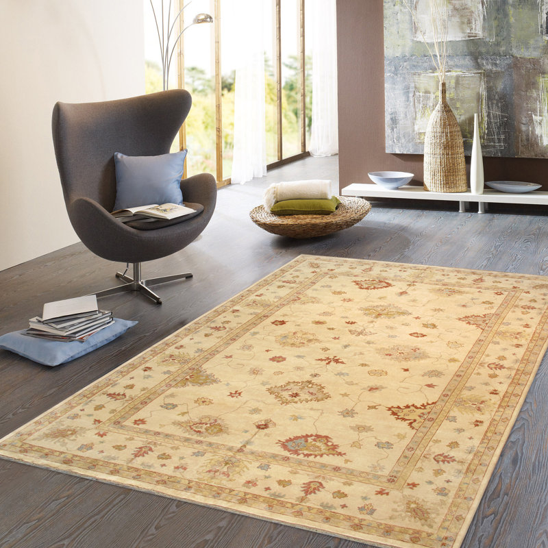 Elegant Ivory Floral Hand-Knotted Wool Rug - 12' 1" x 17' 2"