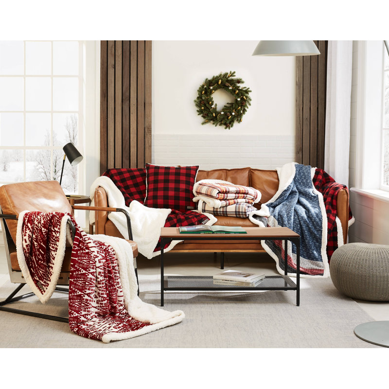 Red Plaid Cotton Sherpa Reversible Throw Blanket and Pillow Set