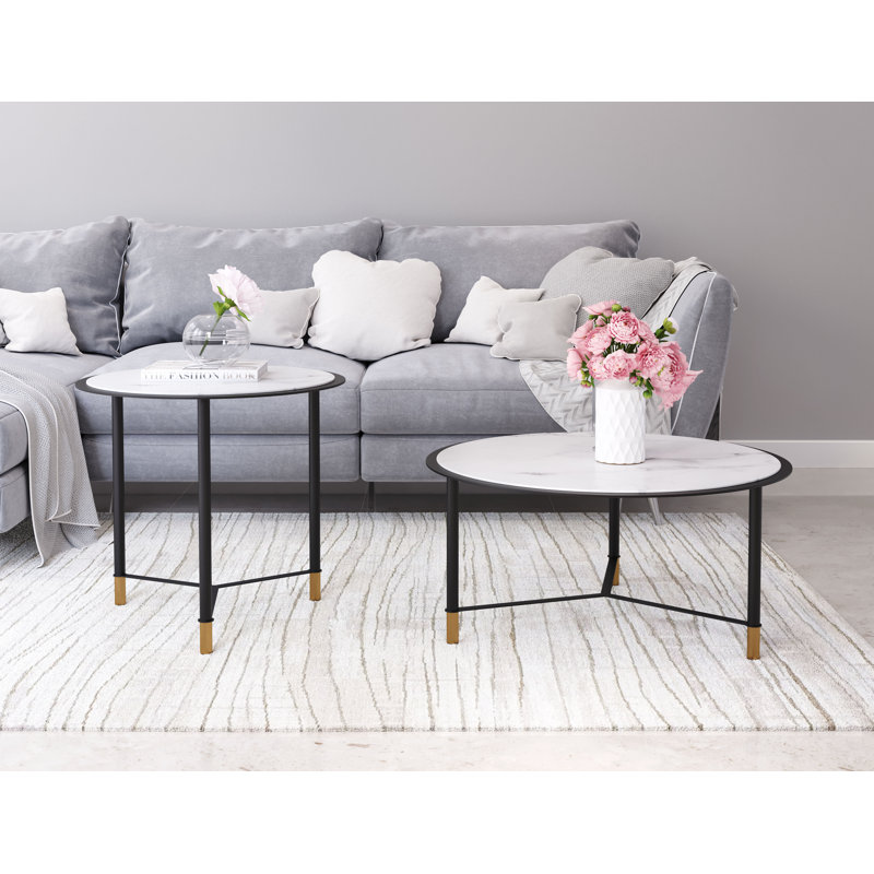 Mod Davis 31.5" Round Coffee Tables in Black & White with Marble Print