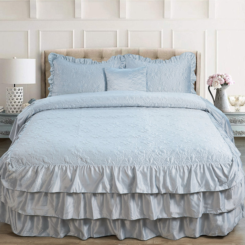 Light Blue King Microfiber Reversible Duvet Set with Ruffles