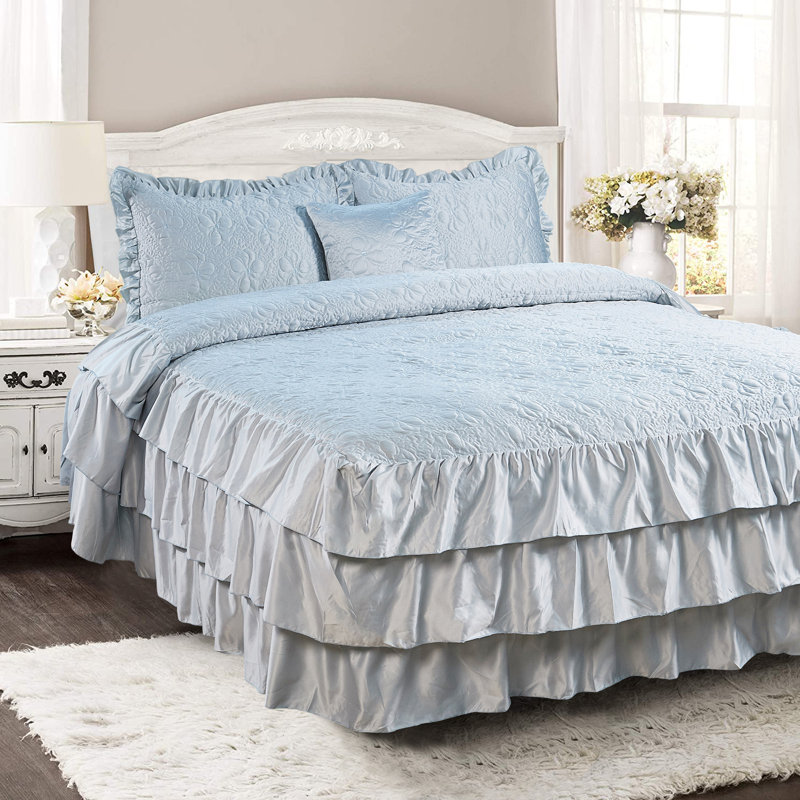 Light Blue King Microfiber Reversible Duvet Set with Ruffles