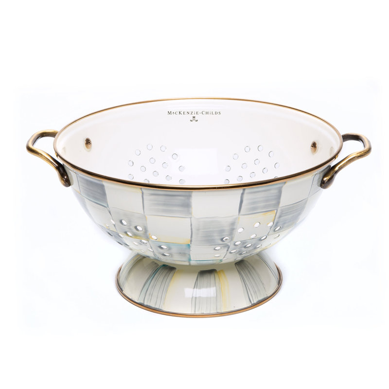 Large Gray Enamel Colander with Brass Handles