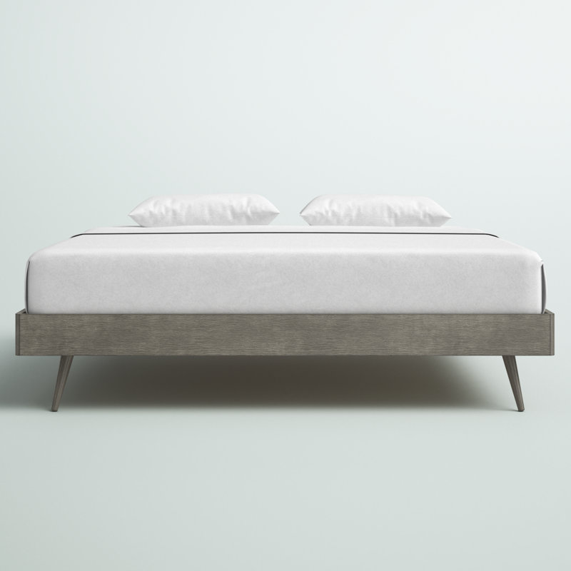 Mid-Century Modern King Platform Bed with Wood Slats in Gray