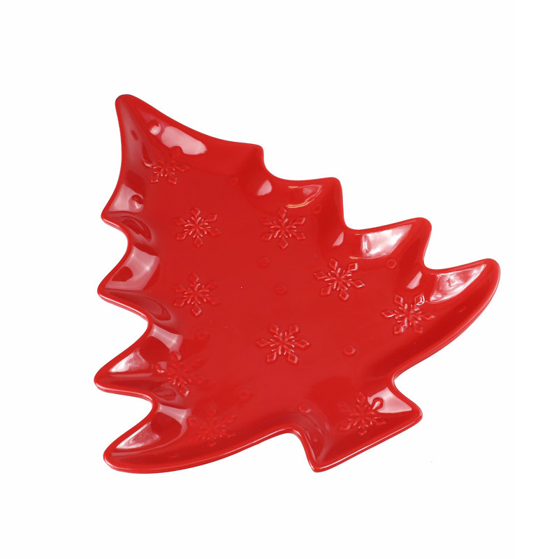 Red Ceramic Holiday Tree Shaped Platter