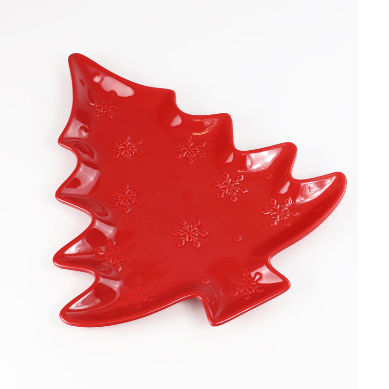Red Ceramic Holiday Tree Shaped Platter