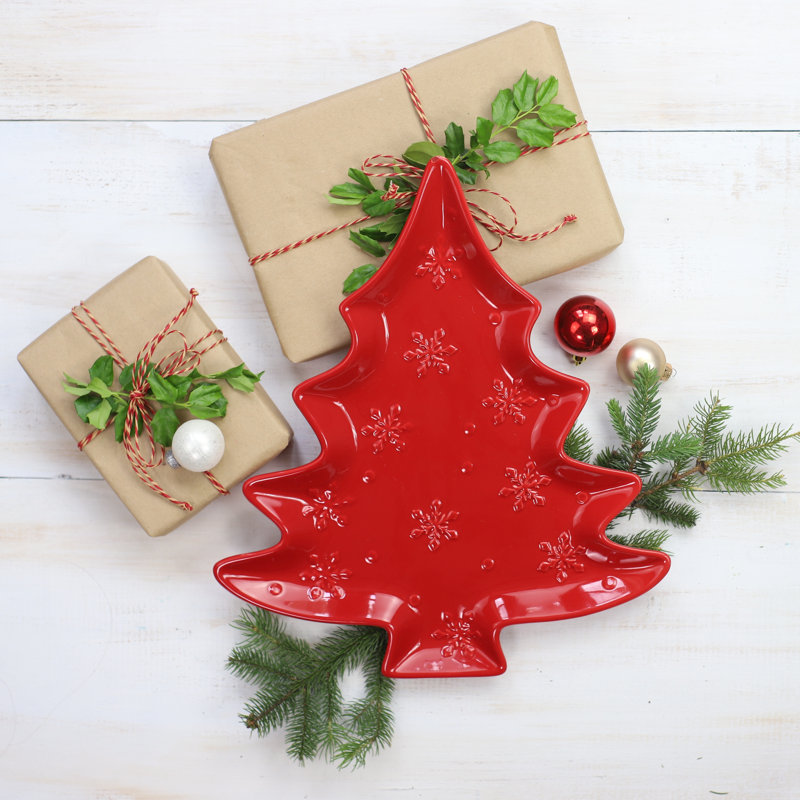 Red Ceramic Holiday Tree Shaped Platter