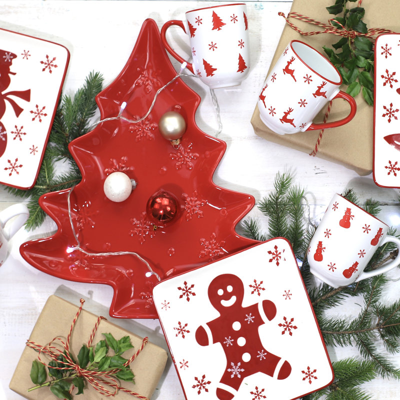 Red Ceramic Holiday Tree Shaped Platter