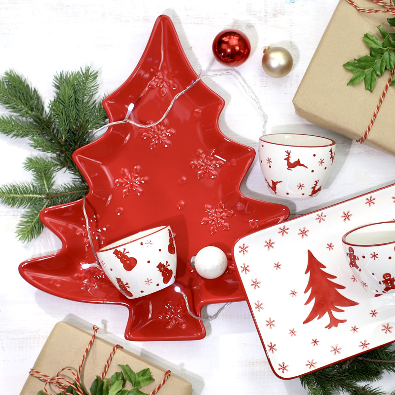 Red Ceramic Holiday Tree Shaped Platter