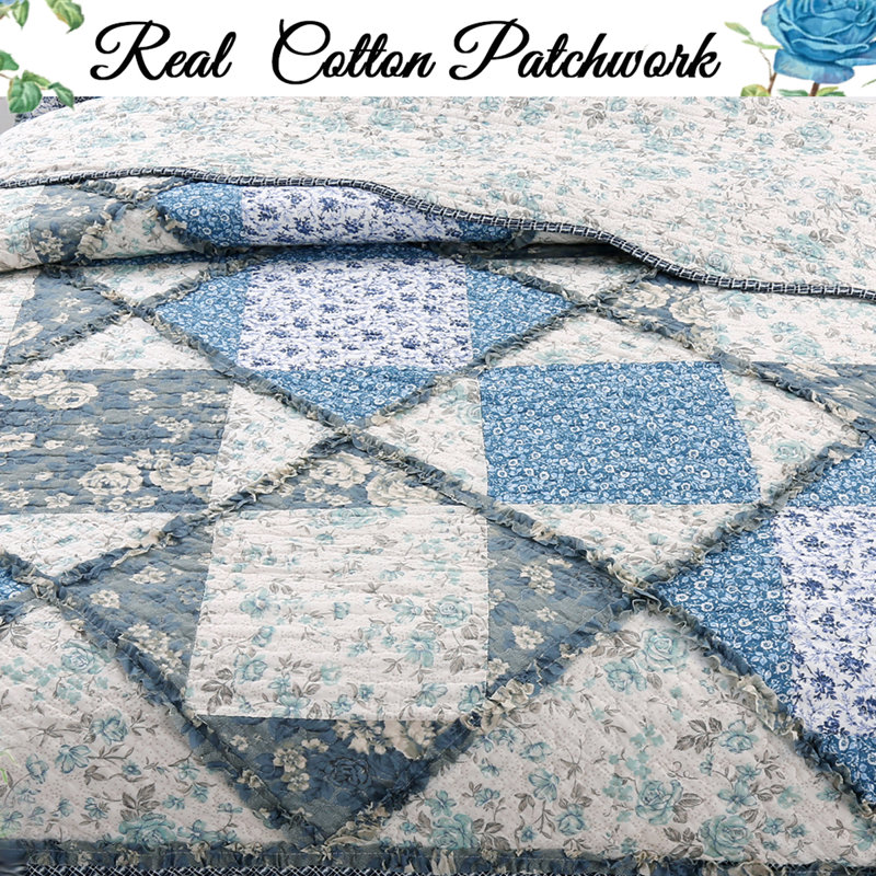 King Blue Cotton Reversible Patchwork Quilt Set