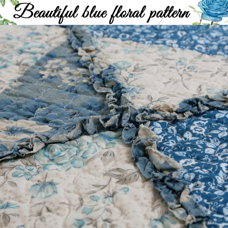 King Blue Cotton Reversible Patchwork Quilt Set