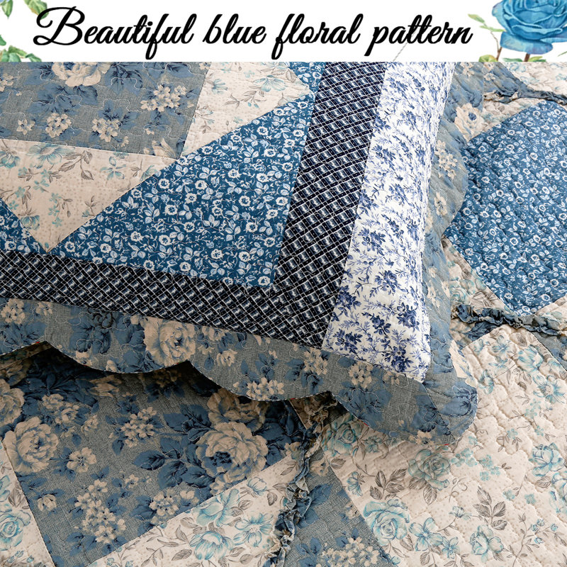 King Blue Cotton Reversible Patchwork Quilt Set