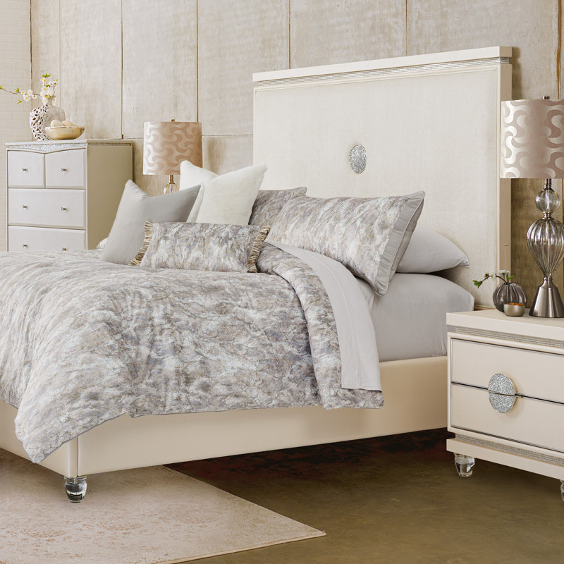 Odessa Queen Comforter Set in Gray Velvet with Metallic Accents