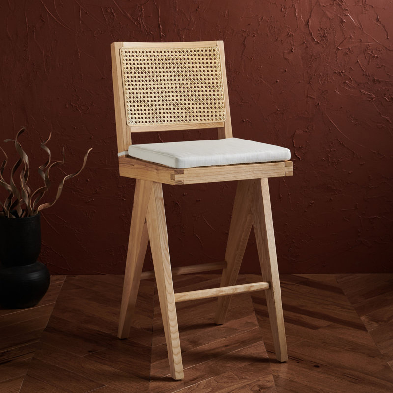 Natural Ash Wood and Rattan Bar Stool with White Cushion