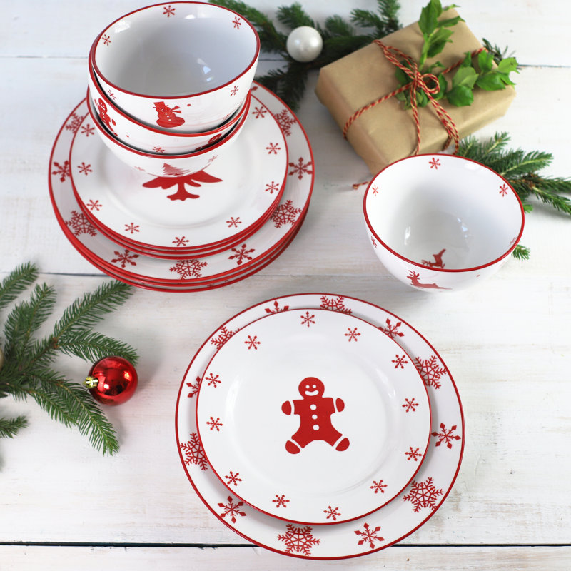 Winterfest Red and White Ceramic Holiday Dinnerware Set, Service for 4