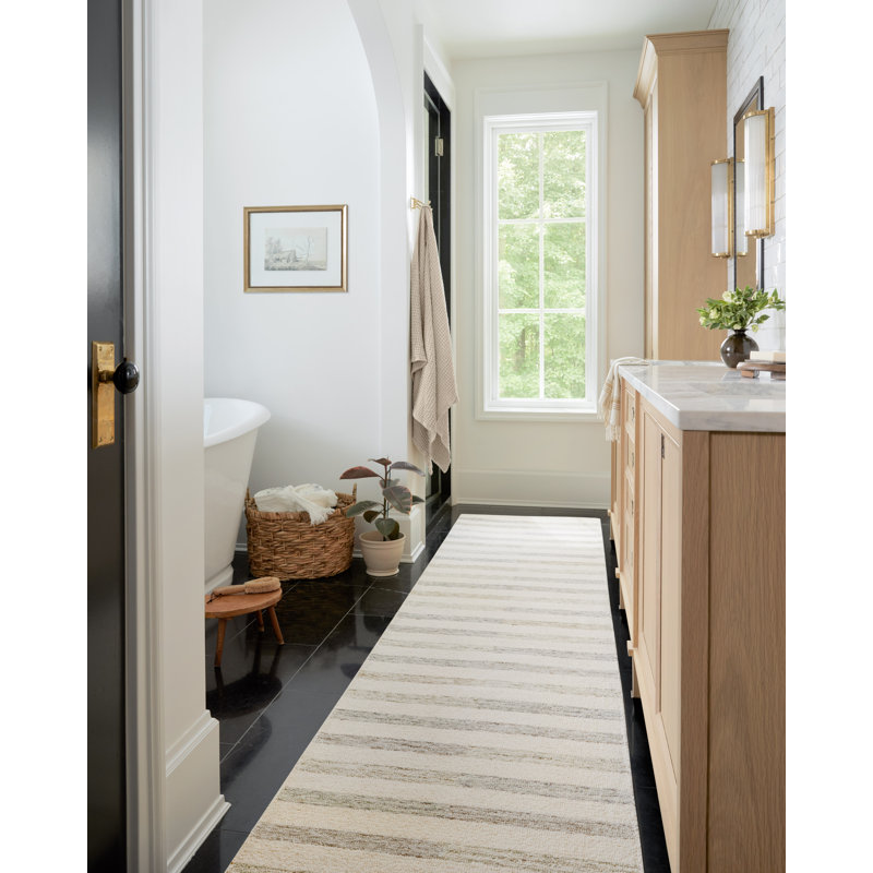 Ivory Stripe Tufted Wool Area Rug 9'3" x 13' - Handmade and Durable