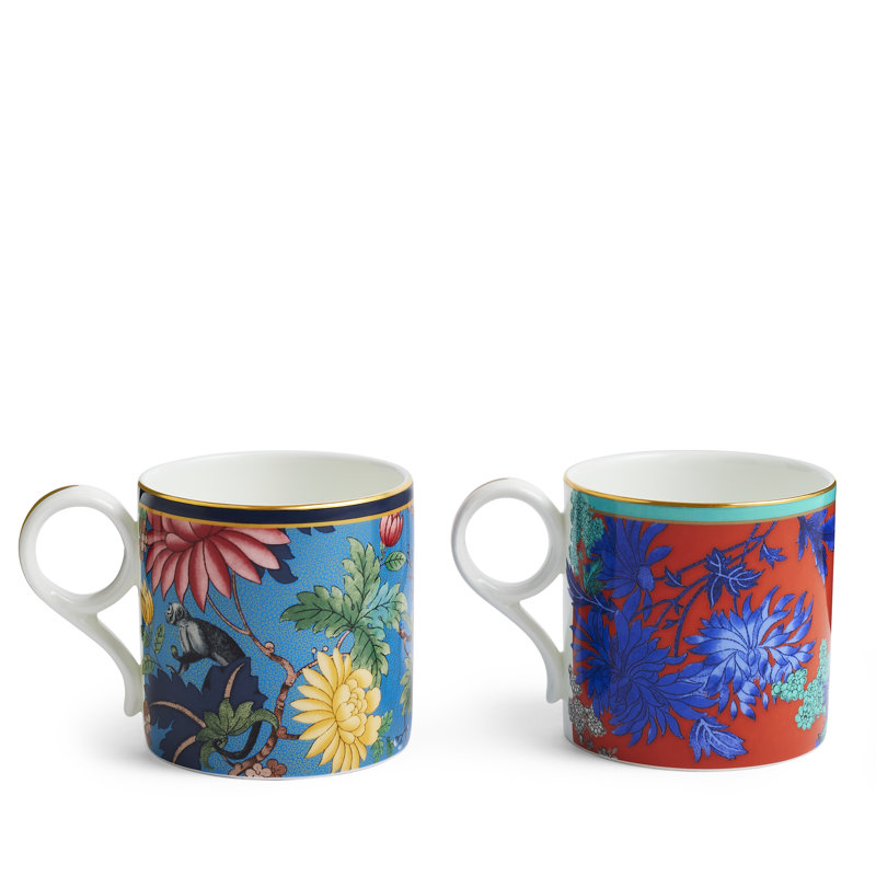 Maximalist Blue and Red Ceramic Mug Set with Animal and Floral Print