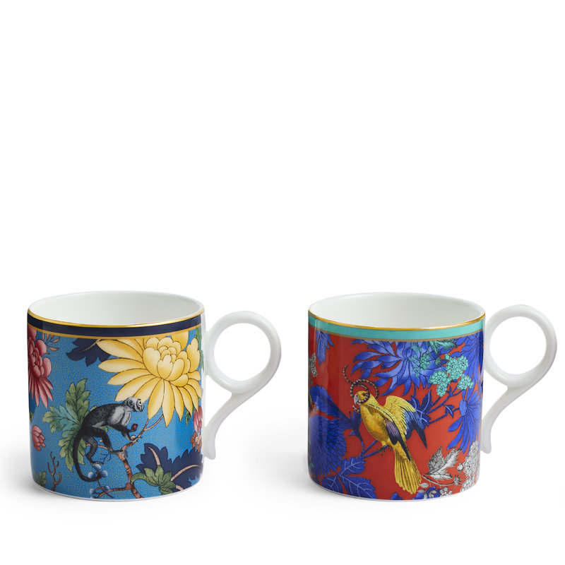 Maximalist Blue and Red Ceramic Mug Set with Animal and Floral Print