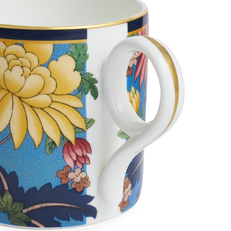 Maximalist Blue and Red Ceramic Mug Set with Animal and Floral Print