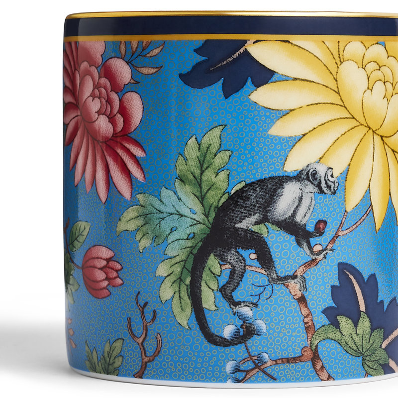 Maximalist Blue and Red Ceramic Mug Set with Animal and Floral Print