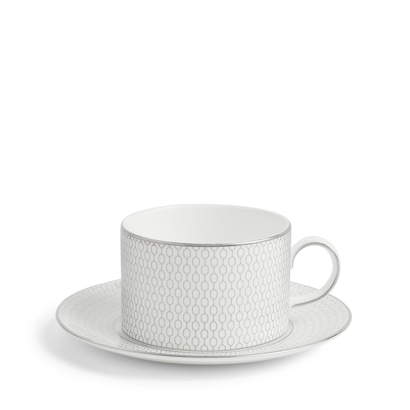 White Geometric Platinum Teacup and Saucer Set